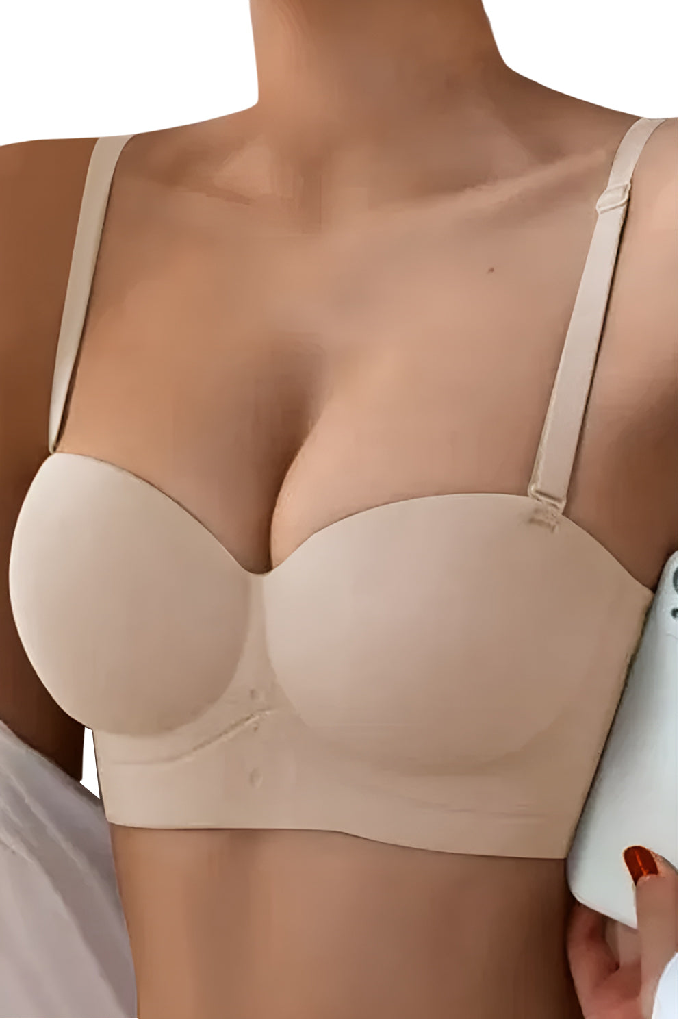 Sutien fara armaturi si fara cusaturi, Linovit®, Push-up, Bretele detasabile, Sistem dublu de prindere, Ideal pentru rochii cu spatele gol, Bej