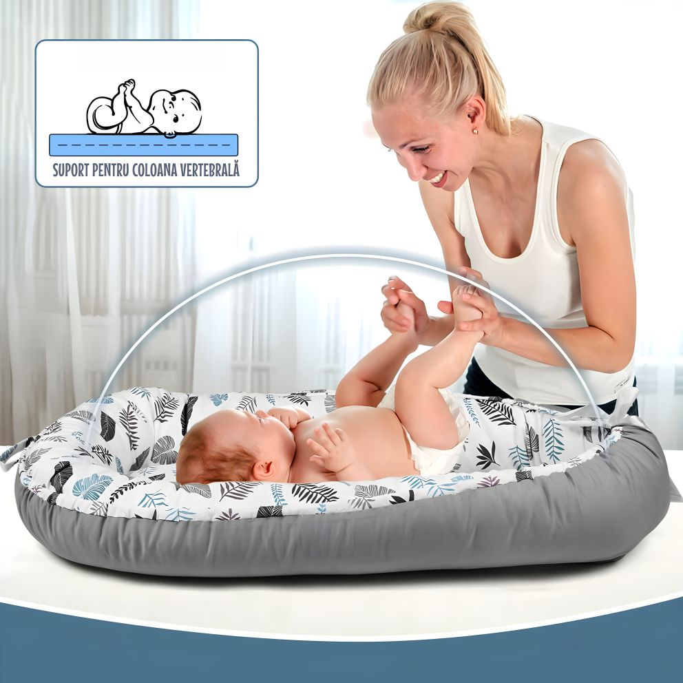 Cosulet Bebelusi pentru Dormit tip Baby Nest, cu Doua Fete, 0-24 Luni, 90x55cm, Husa Bumbac, Confort & Siguranta, Alb/Gri
