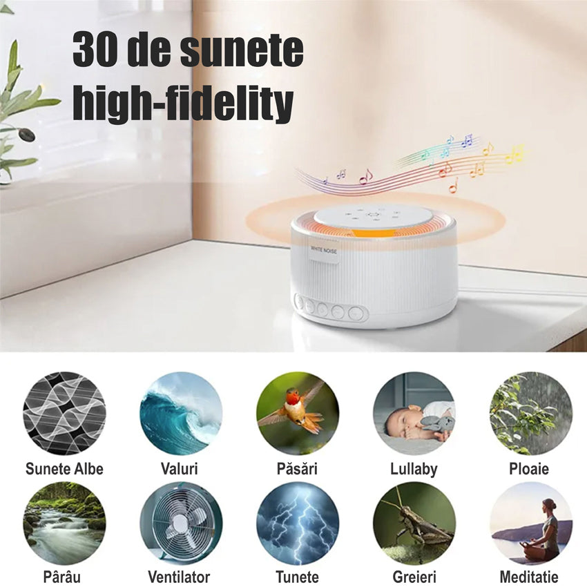 Dispozitiv generare sunete albe, 30 sunete, Lumina de veghe, Memorie, Timer, White Noise, Alb