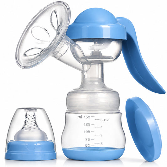 Pompa de san manuala 2 in1 cu biberon, Linovit®, 150 ml, 3 niveluri de aspirare, Cupa moale din silicon, Fara BPA, Albastru - Linovit Store