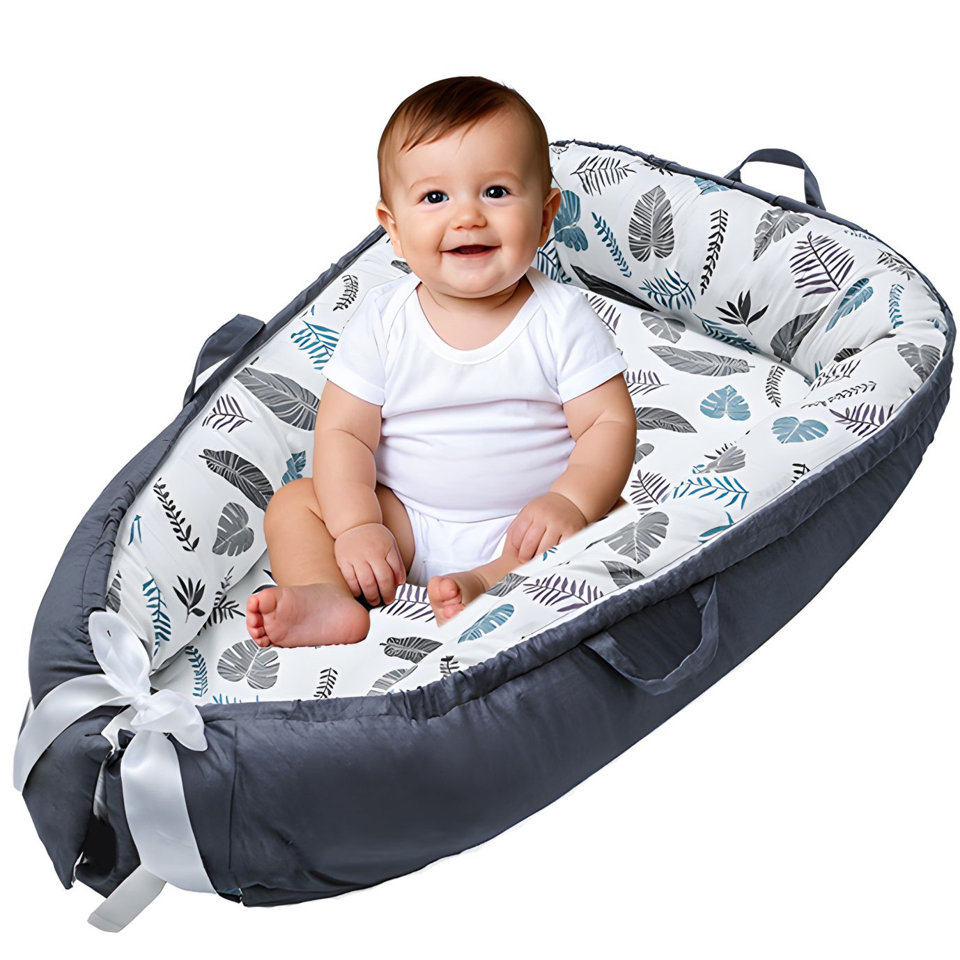 Cosulet Bebelusi pentru Dormit tip Baby Nest, cu Doua Fete, 0-24 Luni, 90x55cm, Husa Bumbac, Confort & Siguranta, Alb/Gri