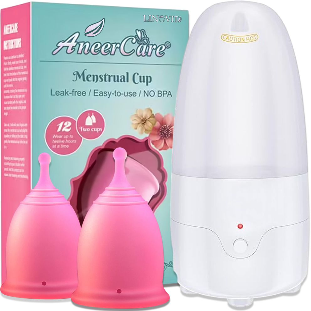 Set Sterilizator Cupe Menstruale + 2 Cupe Menstruale Reutilizabile 25ml & 30ml, Linovit®, Dispozitiv de Igienizare cu Aburi Compatibil cu Majoritatea Cupelor Menstruale, 100% Silicon Medical, Fara BPA, Fara Scurgeri, Roz