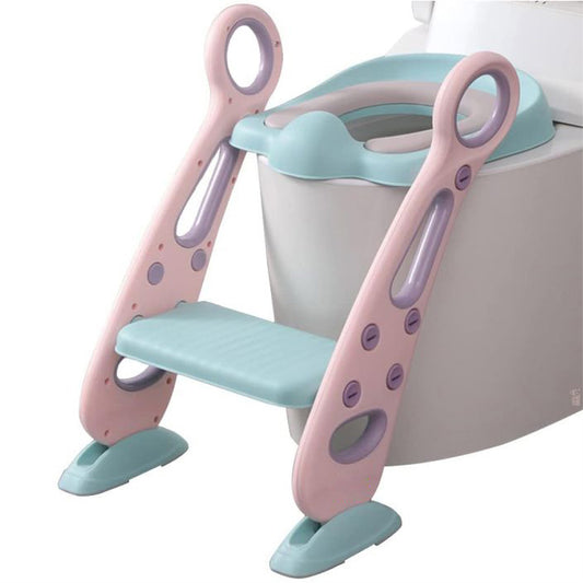 Reductor WC pentru Copii cu Scarita, Plabil, Reglabil pe Inaltime, Colac Moale, 42.6 x 55 x 41.5 cm, Rose / Teal - Linovit Store