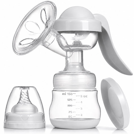 Pompa de san manuala 2 in1 cu biberon, Linovit®, 150 ml, 3 niveluri de aspirare, Cupa moale din silicon, Fara BPA, Gri deschis - Linovit Store