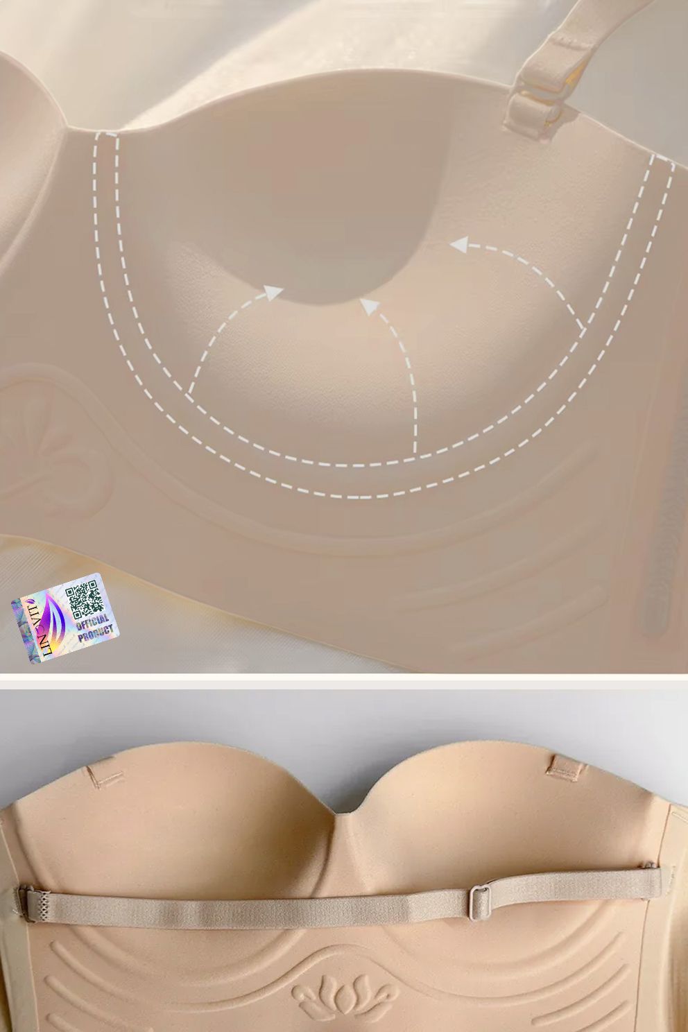 Sutien fara armaturi si fara cusaturi, Linovit®, Push-up, Bretele detasabile, Sistem dublu de prindere, Ideal pentru rochii cu spatele gol, Bej