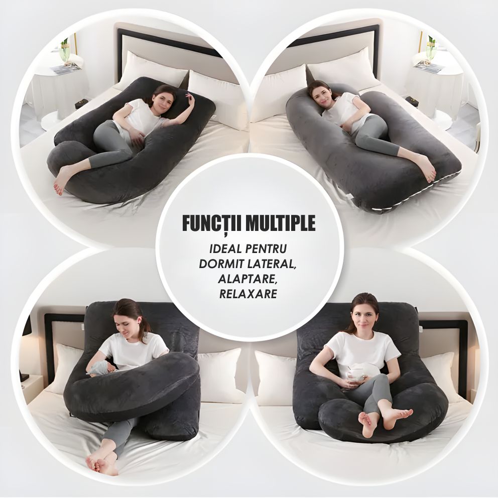 Perna Gravide si Alaptare 3 in 1, Multifunctionala, Forma de L, Sustinere pentru Burta, Spate, Solduri, Picioare, Bebelus, Relaxare, Husa detasabila, Negru