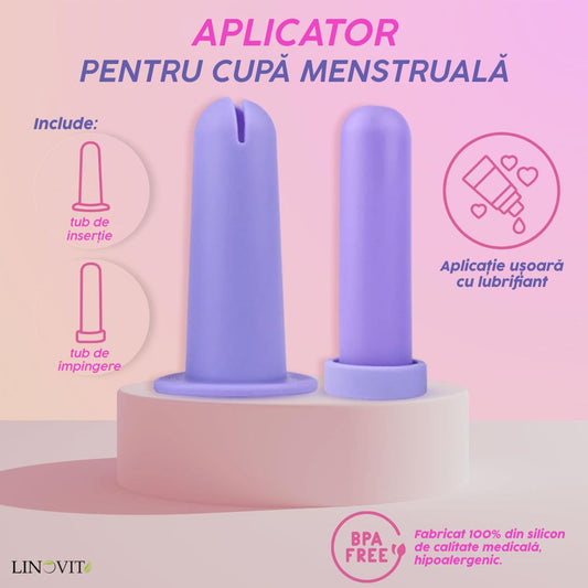 Aplicator pentru cupa menstruala Linovit®, silicon medical, reutilizabil, usor de folosit, compatibil cu lubrifiant, design compact si igienic, mov - Linovit Store