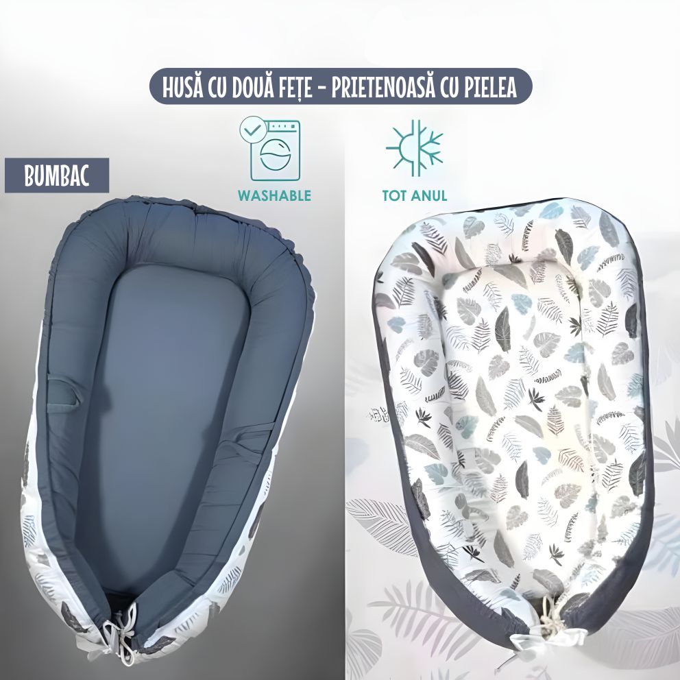 Cosulet Bebelusi pentru Dormit tip Baby Nest, cu Doua Fete, 0-24 Luni, 90x55cm, Husa Bumbac, Confort & Siguranta, Alb/Gri
