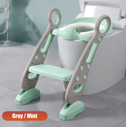 Reductor WC pentru Copii cu Scarita, Plabil, Reglabil pe Inaltime, Colac Moale, 42.6 x 55 x 41.5 cm, Gri / Mint - Linovit Store