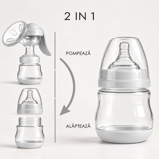 Pompa de san manuala 2 in1 cu biberon, Linovit®, 150 ml, 3 niveluri de aspirare, Cupa moale din silicon, Fara BPA, Gri deschis - Linovit Store