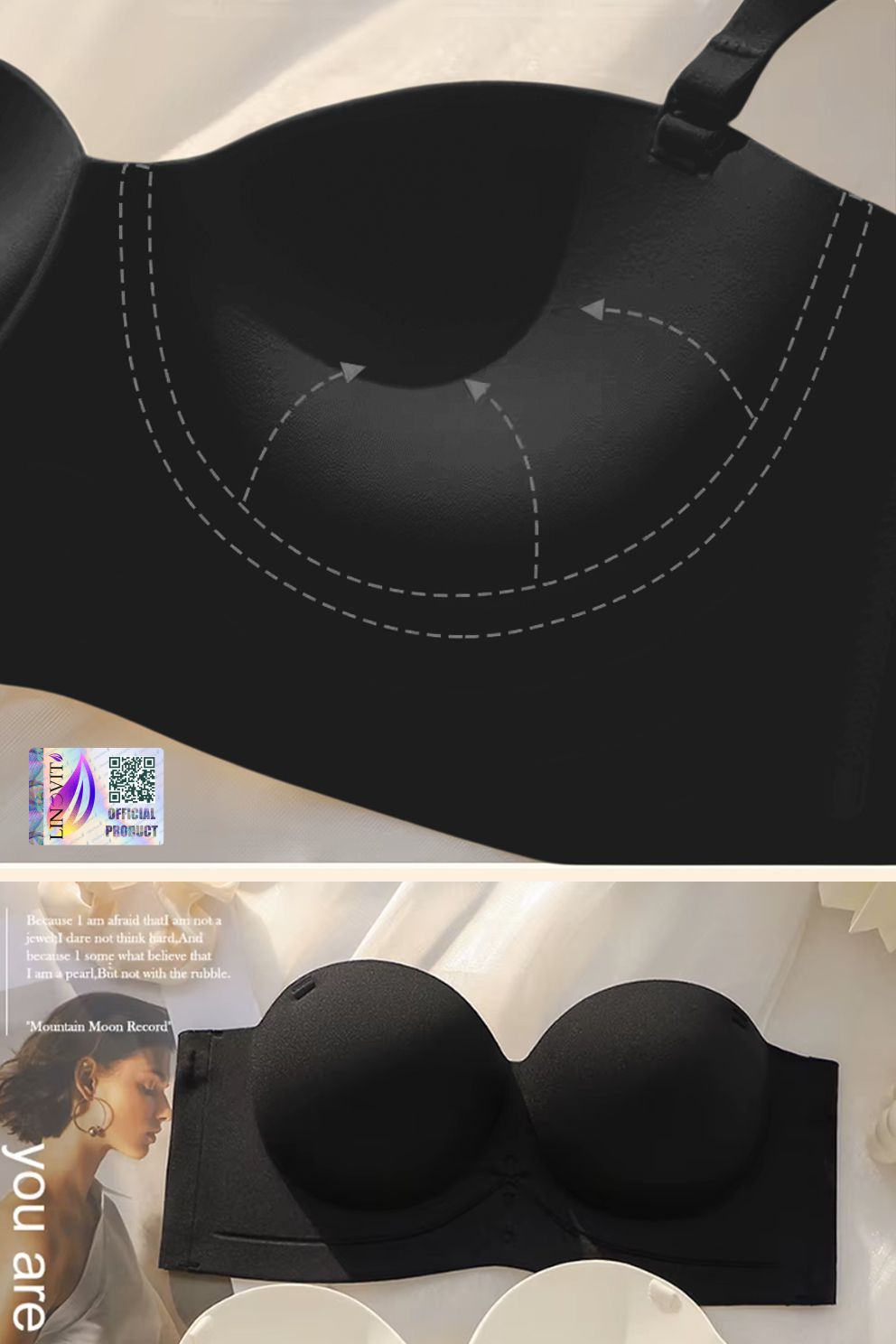 Sutien fara armaturi si fara cusaturi, Linovit®, Push-up, Bretele detasabile, Sistem dublu de prindere, Ideal pentru rochii cu spatele gol, Negru