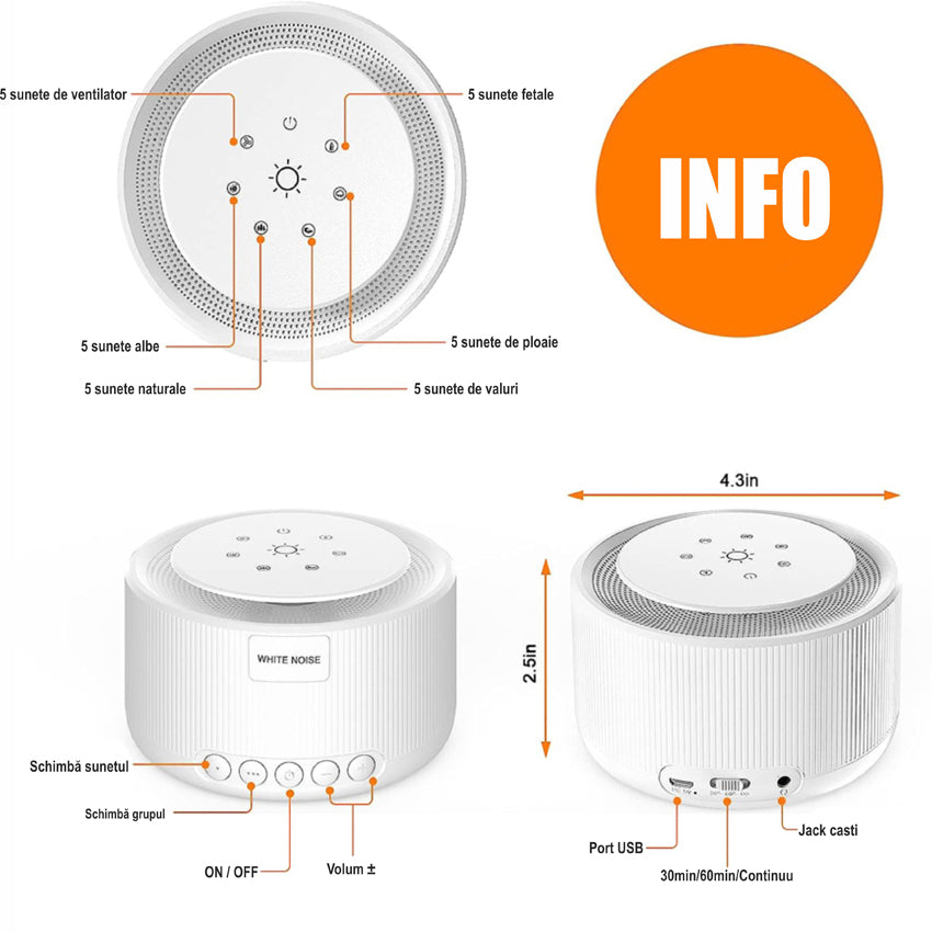 Dispozitiv generare sunete albe, 30 sunete, Lumina de veghe, Memorie, Timer, White Noise, Alb