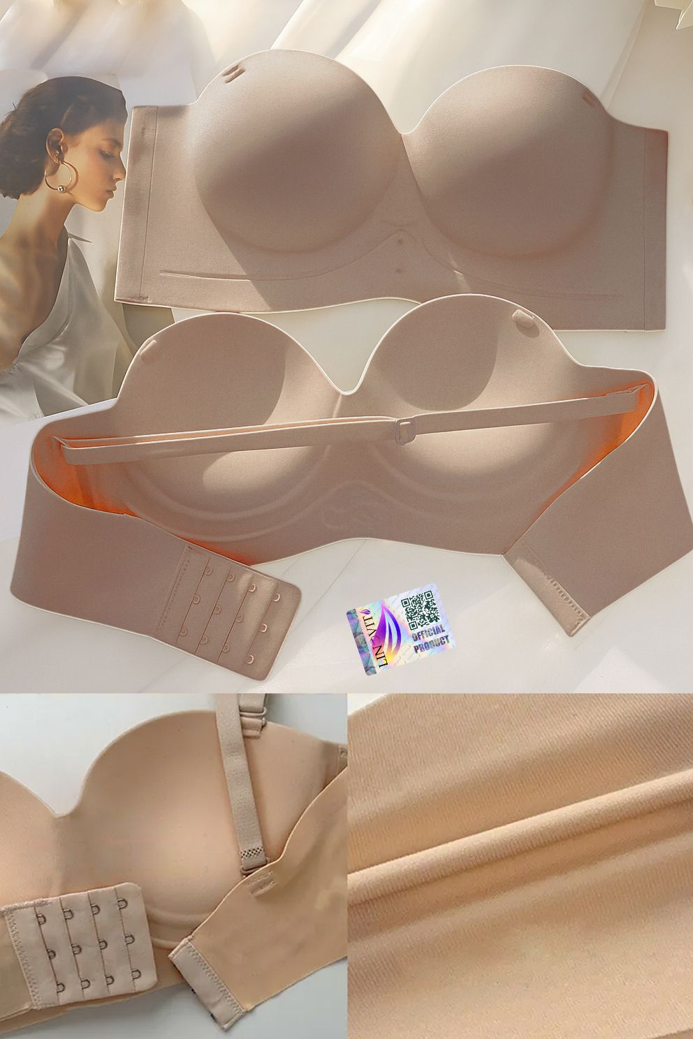 Sutien fara armaturi si fara cusaturi, Linovit®, Push-up, Bretele detasabile, Sistem dublu de prindere, Ideal pentru rochii cu spatele gol, Bej