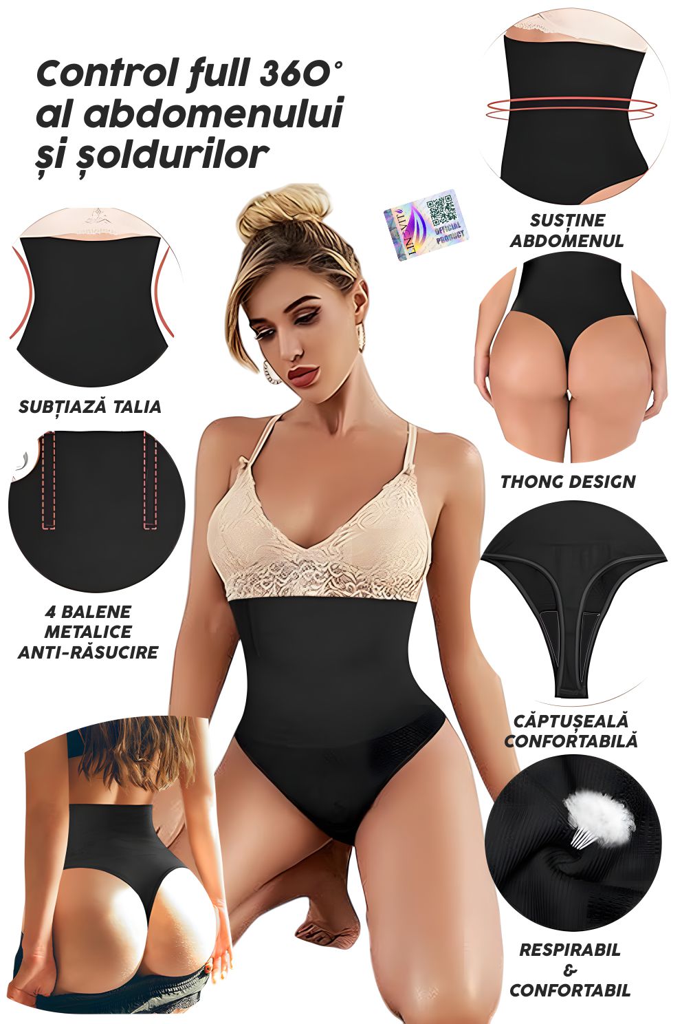 Chiloti modelatori tanga tip burtiera Chloe - Talie înaltă - Negru - Linovit Store