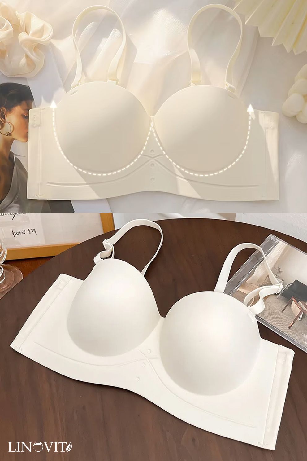 Sutien fara armaturi si fara cusaturi, Linovit®, Push-up, Bretele detasabile, Sistem dublu de prindere, Ideal pentru rochii cu spatele gol, Alb