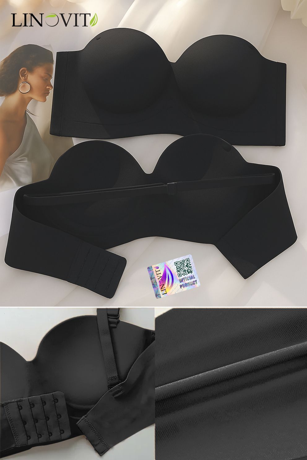 Sutien fara armaturi si fara cusaturi, Linovit®, Push-up, Bretele detasabile, Sistem dublu de prindere, Ideal pentru rochii cu spatele gol, Negru