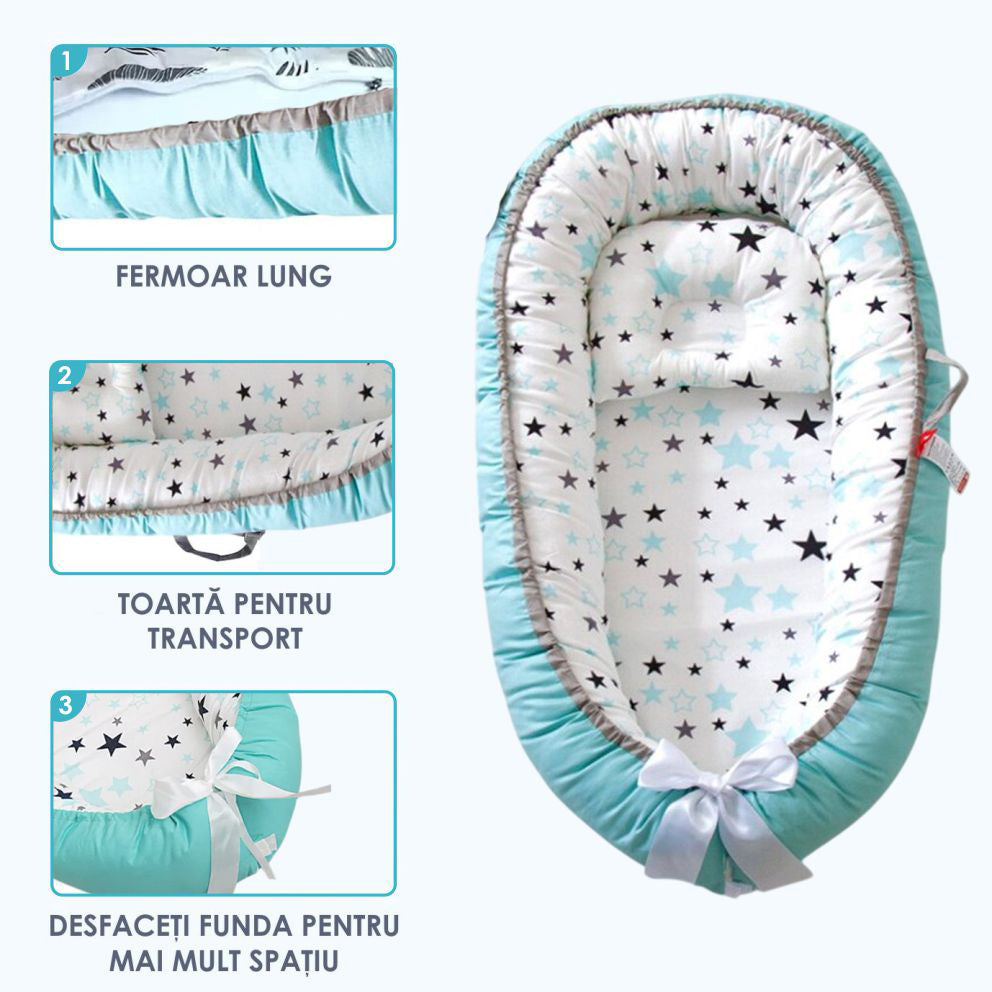 Cosulet Bebelusi pentru Dormit tip Baby Nest, cu Doua Fete, 0-24 Luni, 90x55cm, Husa Bumbac, Confort & Siguranta, Alb/Turcoaz