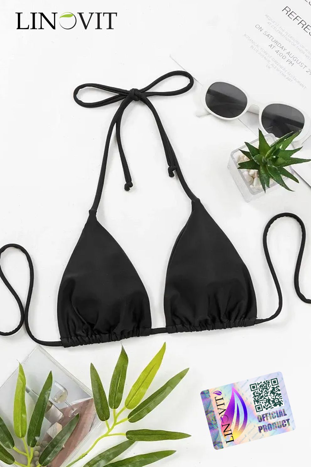 Sutien de baie Linovit®, Cupe triunghiulare, Buret detasabil, Negru - Linovit Store