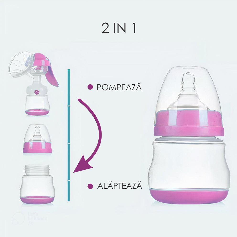 Pompa pentru san manuala cu biberon pentru hranire naturala, Linovit®, 150ml, Roz - Linovit Store