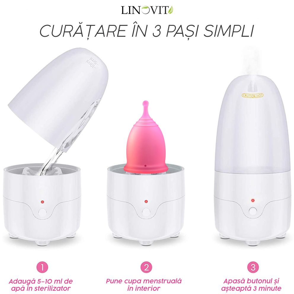 Set Sterilizator Cupe Menstruale + 2 Cupe Menstruale Reutilizabile 25ml & 30ml, Linovit®, Dispozitiv de Igienizare cu Aburi Compatibil cu Majoritatea Cupelor Menstruale, 100% Silicon Medical, Fara BPA, Fara Scurgeri, Roz