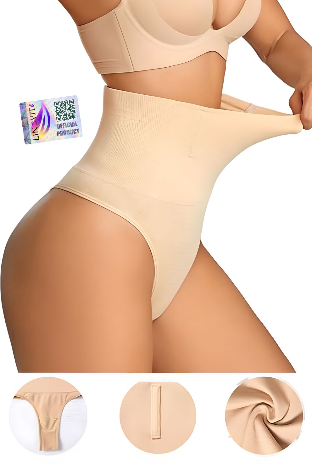 Chiloti modelatori tanga tip burtiera Chloe - Talie înaltă - Bej - Linovit Store