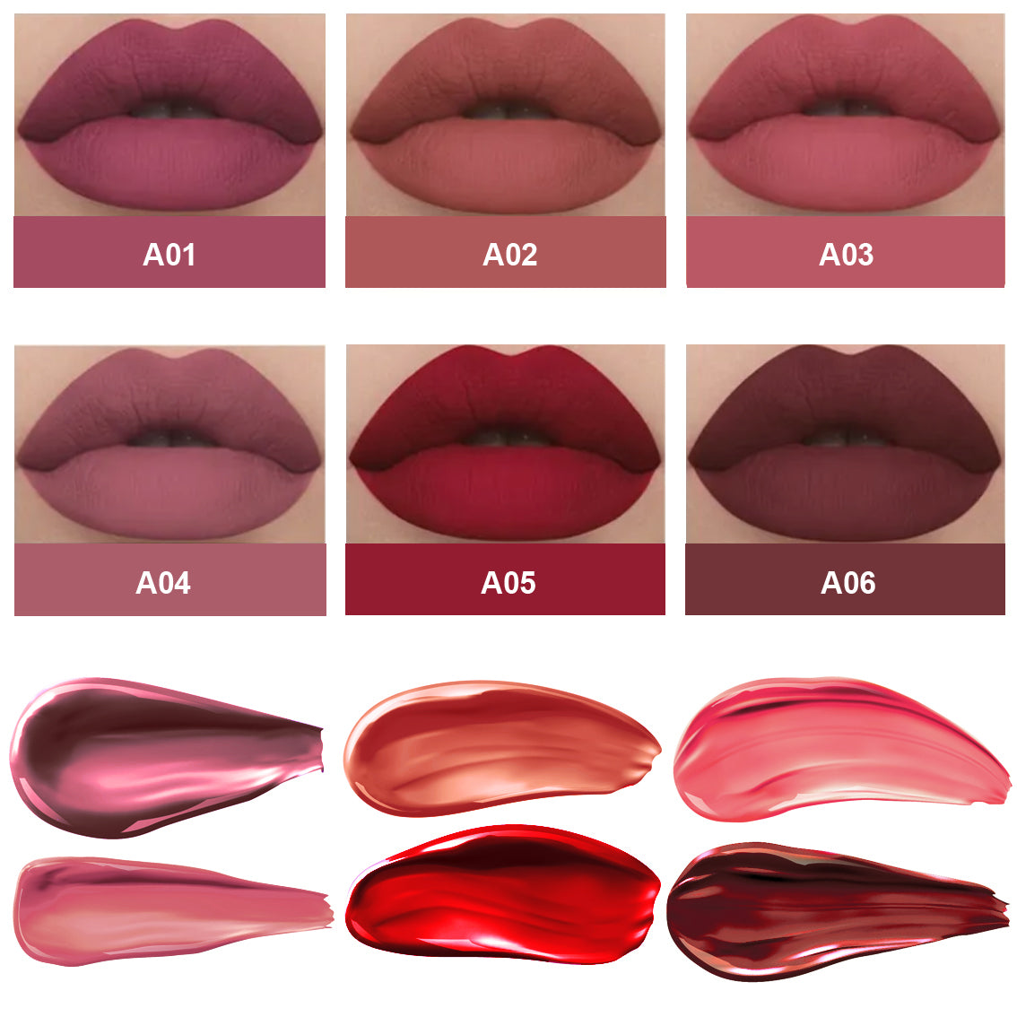 Set 6 rujuri mate rezistente la transfer, waterproof, 6 X 2.5 ml, Rosu / Rose - Linovit Store