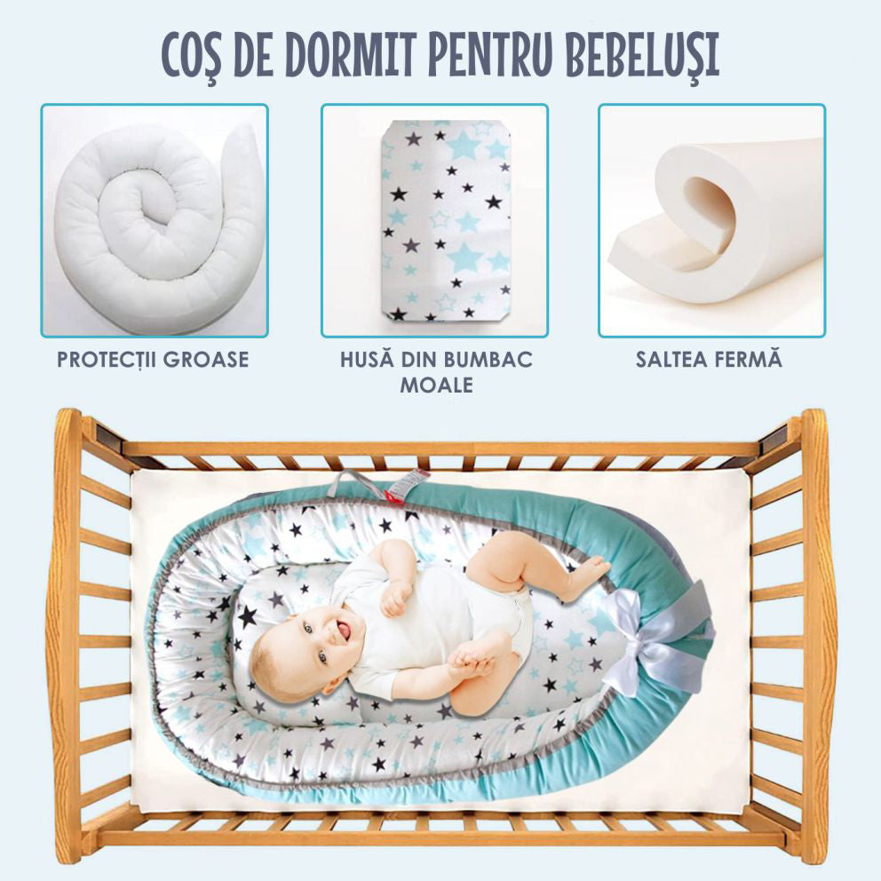Cosulet Bebelusi pentru Dormit tip Baby Nest, cu Doua Fete, 0-24 Luni, 90x55cm, Husa Bumbac, Confort & Siguranta, Alb/Turcoaz
