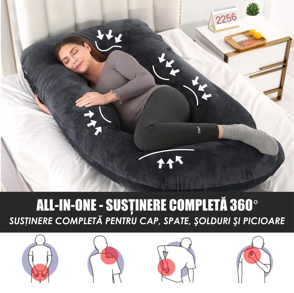 Perna Gravide si Alaptare 3 in 1, Multifunctionala, Forma de L, Sustinere pentru Burta, Spate, Solduri, Picioare, Bebelus, Relaxare, Husa detasabila, Negru