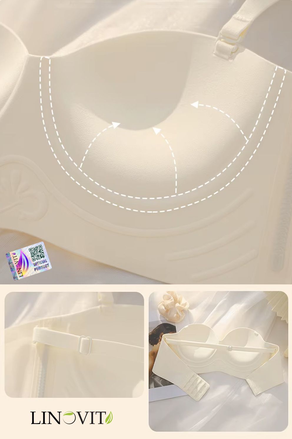 Sutien fara armaturi si fara cusaturi, Linovit®, Push-up, Bretele detasabile, Sistem dublu de prindere, Ideal pentru rochii cu spatele gol, Alb