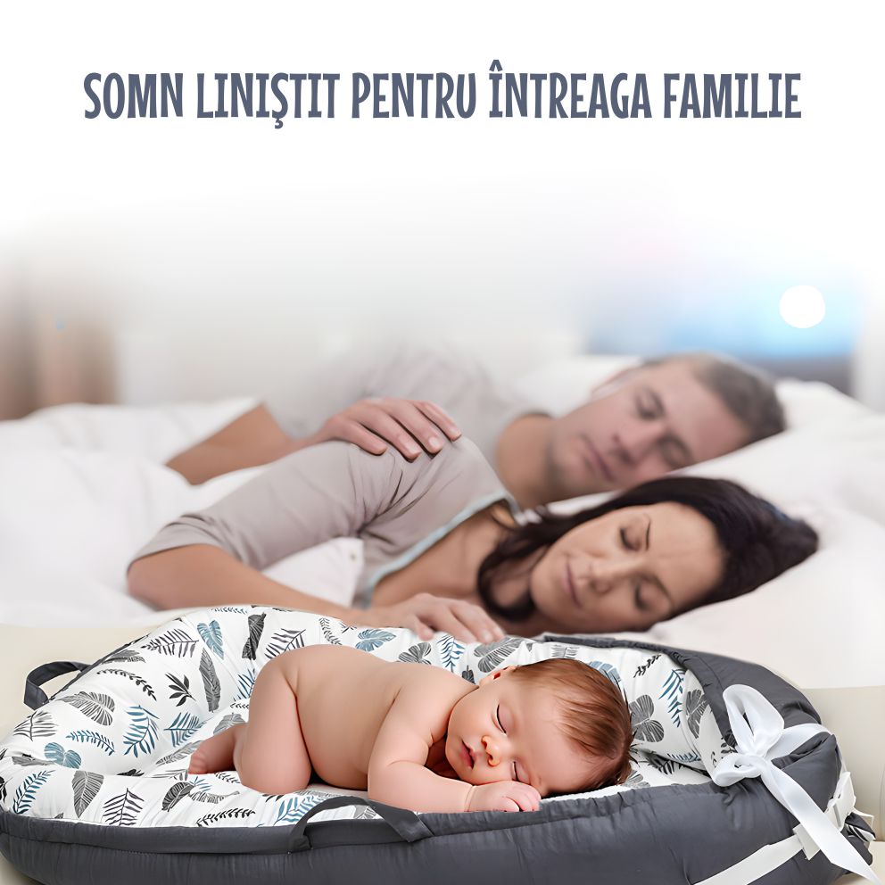 Cosulet Bebelusi pentru Dormit tip Baby Nest, cu Doua Fete, 0-24 Luni, 90x55cm, Husa Bumbac, Confort & Siguranta, Alb/Gri