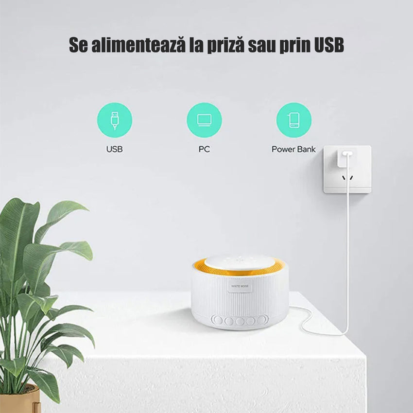Dispozitiv generare sunete albe, 30 sunete, Lumina de veghe, Memorie, Timer, White Noise, Alb