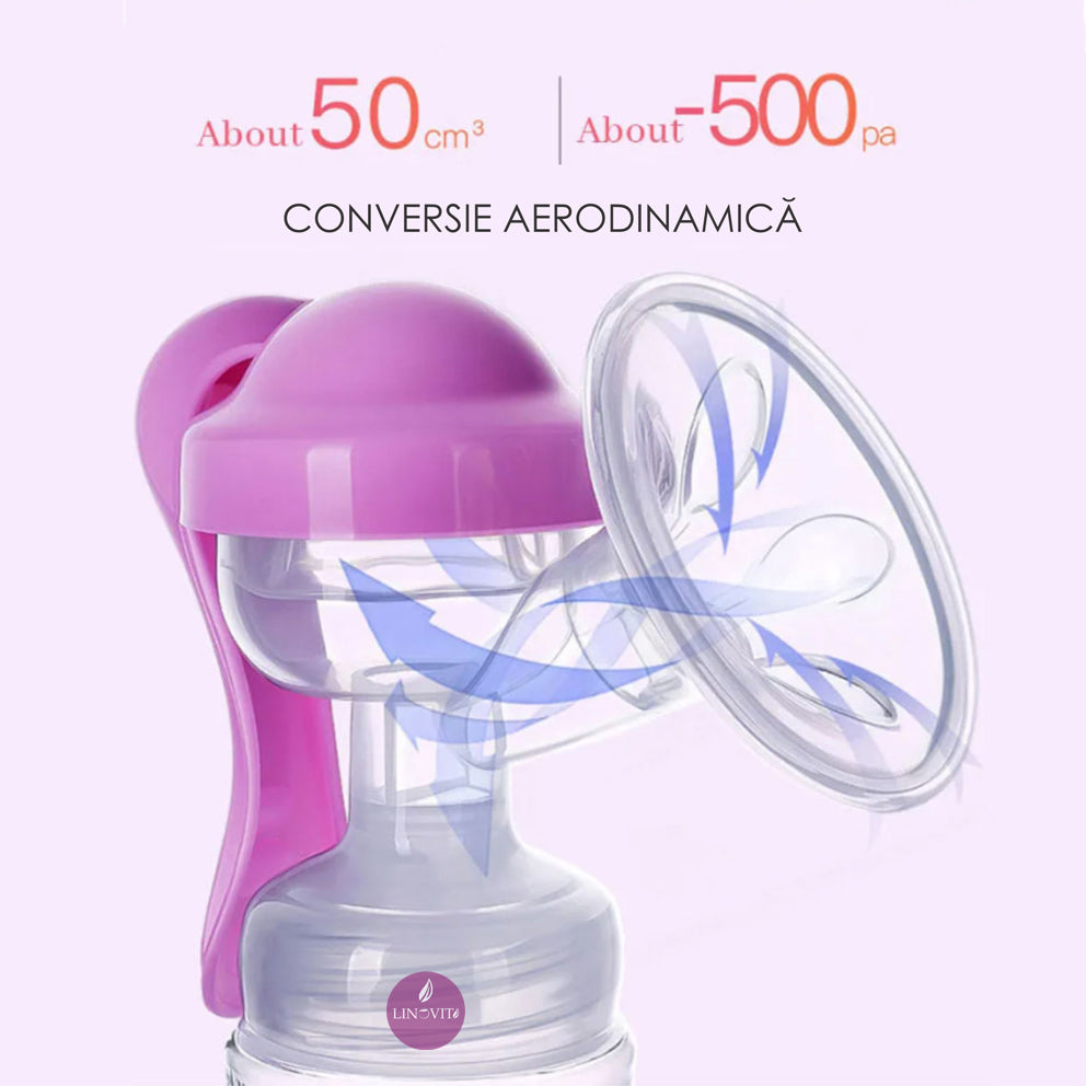 Pompa pentru san manuala cu biberon pentru hranire naturala, Linovit®, 150ml, Roz - Linovit Store