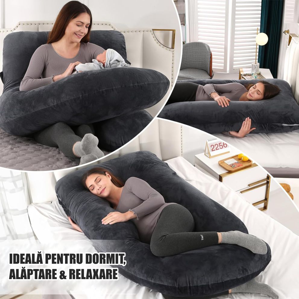 Perna Gravide si Alaptare 3 in 1, Multifunctionala, Forma de L, Sustinere pentru Burta, Spate, Solduri, Picioare, Bebelus, Relaxare, Husa detasabila, Negru