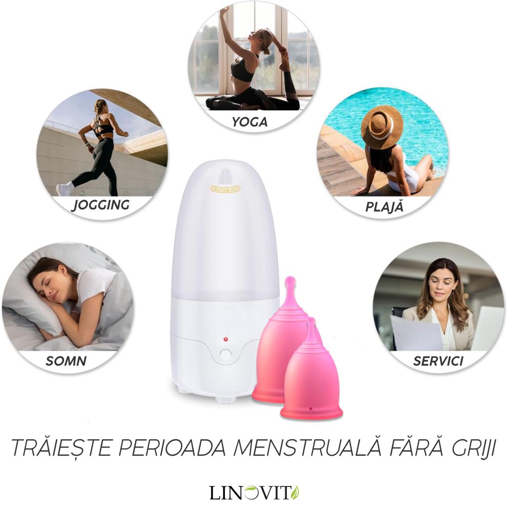 Set Sterilizator Cupe Menstruale + 2 Cupe Menstruale Reutilizabile 25ml & 30ml, Linovit®, Dispozitiv de Igienizare cu Aburi Compatibil cu Majoritatea Cupelor Menstruale, 100% Silicon Medical, Fara BPA, Fara Scurgeri, Roz