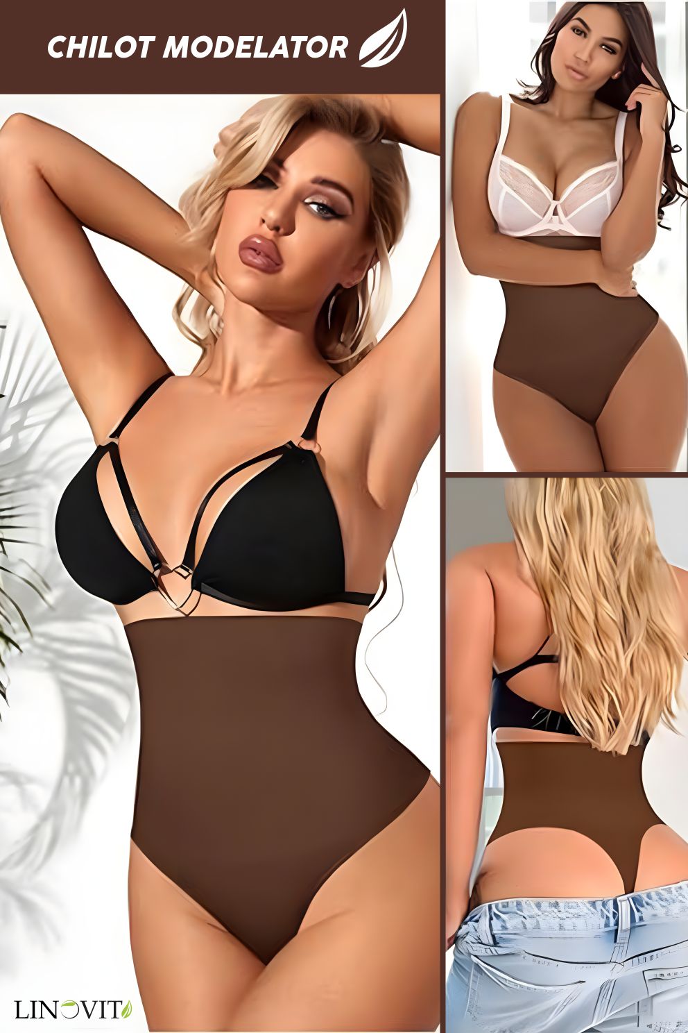 Chiloti modelatori tanga tip burtiera Chloe - Talie înaltă - Maro - Linovit Store
