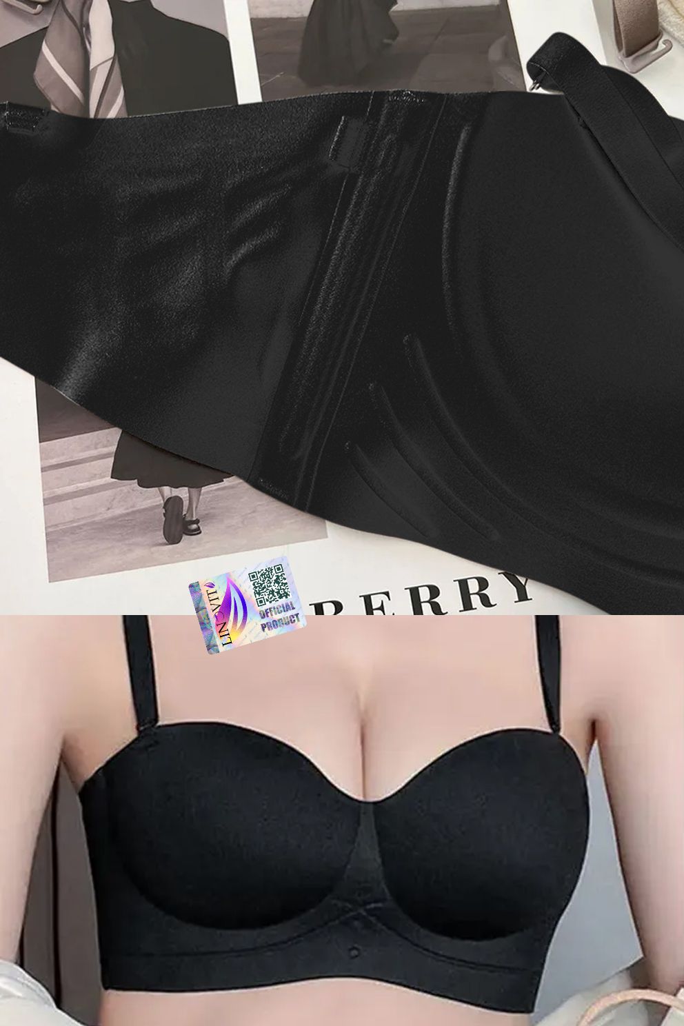 Sutien fara armaturi si fara cusaturi, Linovit®, Push-up, Bretele detasabile, Sistem dublu de prindere, Ideal pentru rochii cu spatele gol, Negru