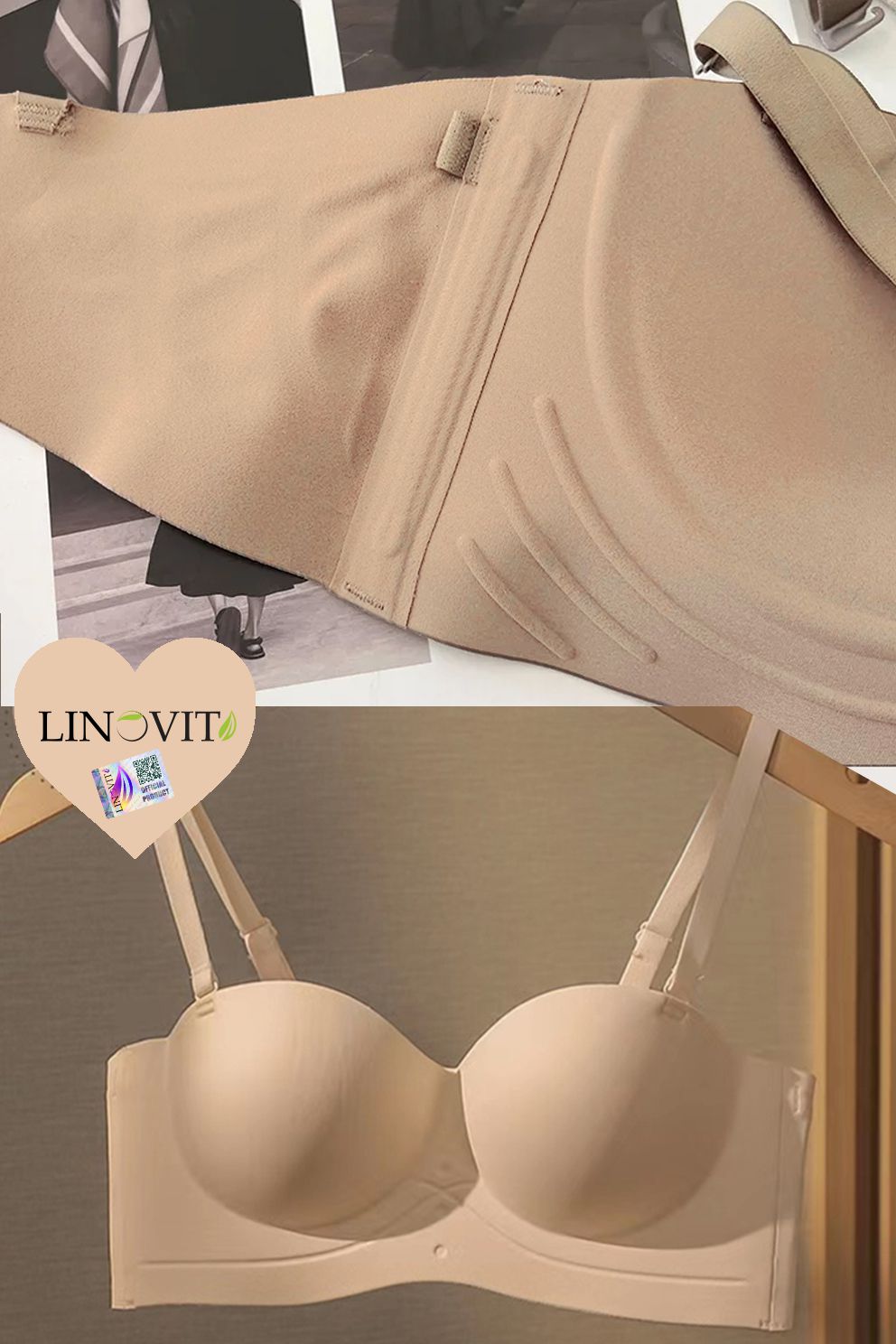 Sutien fara armaturi si fara cusaturi, Linovit®, Push-up, Bretele detasabile, Sistem dublu de prindere, Ideal pentru rochii cu spatele gol, Bej