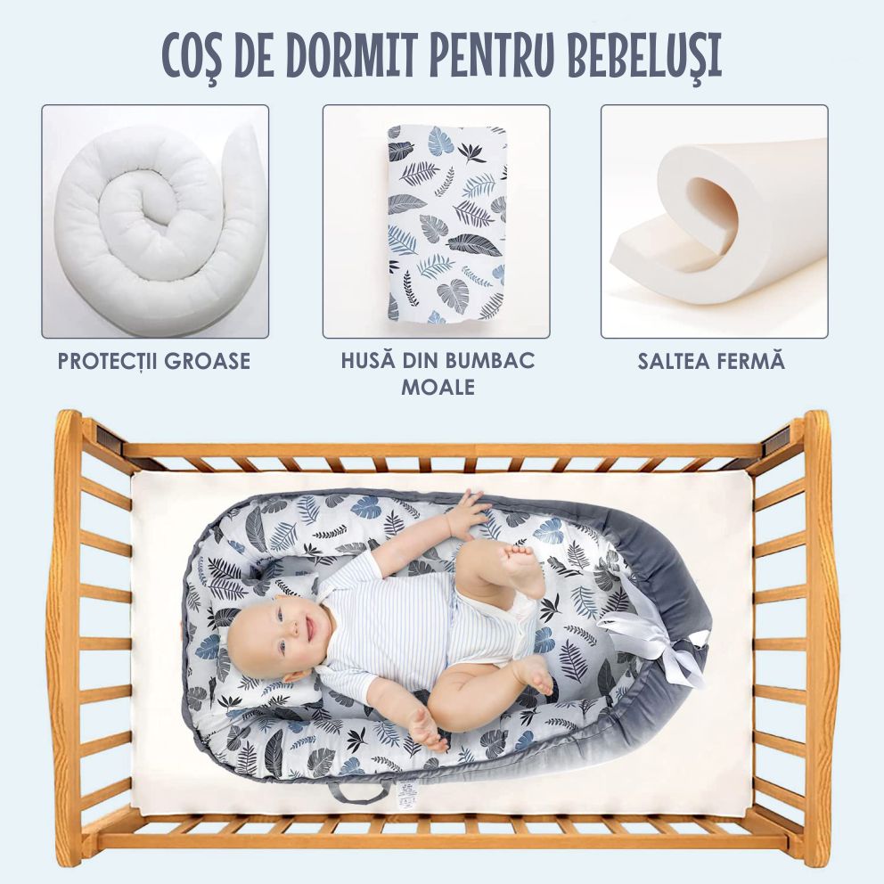 Cosulet Bebelusi pentru Dormit tip Baby Nest, cu Doua Fete, 0-24 Luni, 90x55cm, Husa Bumbac, Confort & Siguranta, Alb/Gri