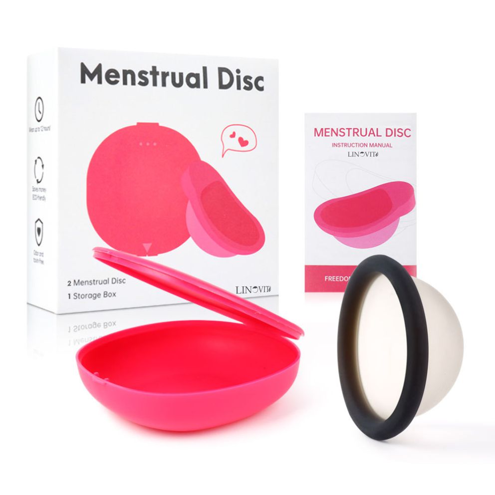 Set 2 Discuri Menstruale Reutilizabile + Cutie de Depozitare, Linovit®, Silicon de Uz Medical, Marime S, Roz/Negru