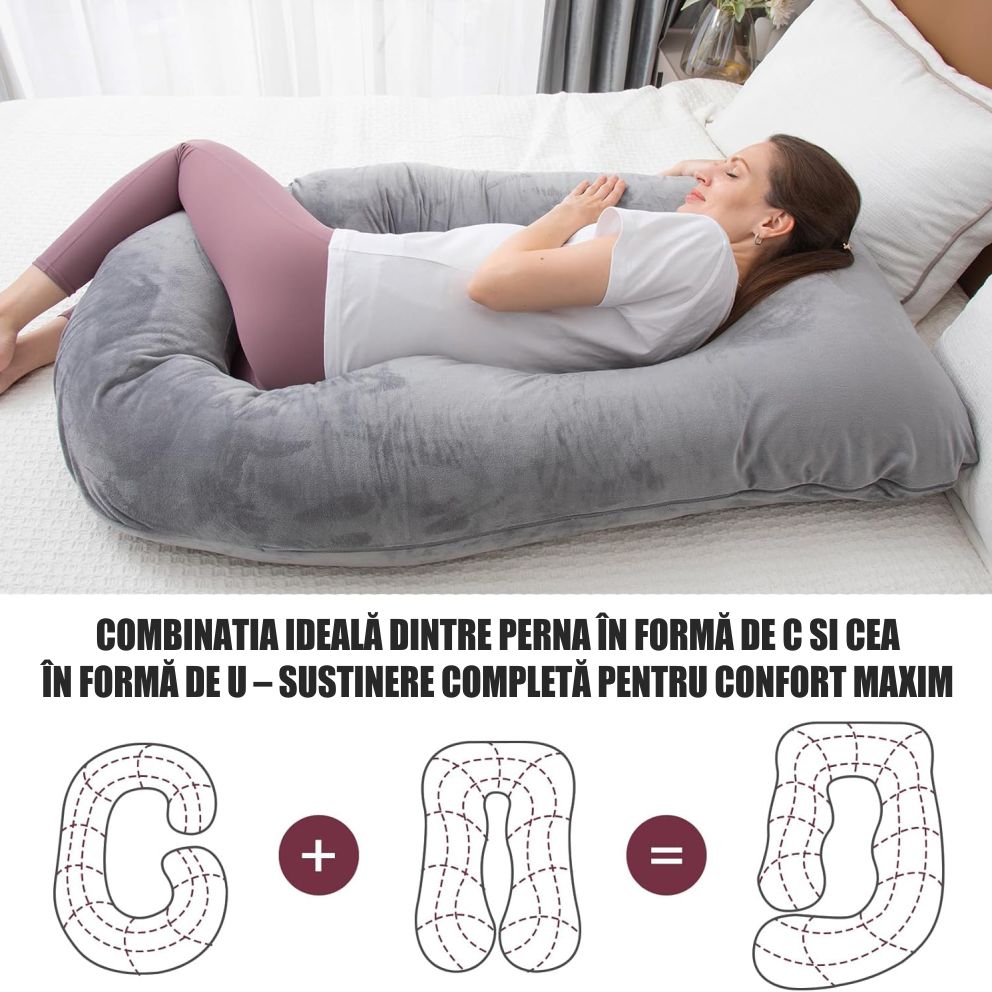 Perna Gravide si Alaptare 3 in 1, Multifunctionala, Sustinere pentru Burta, Spate, Solduri, Picioare, Bebelus, Relaxare, Husa detasabila, Gri