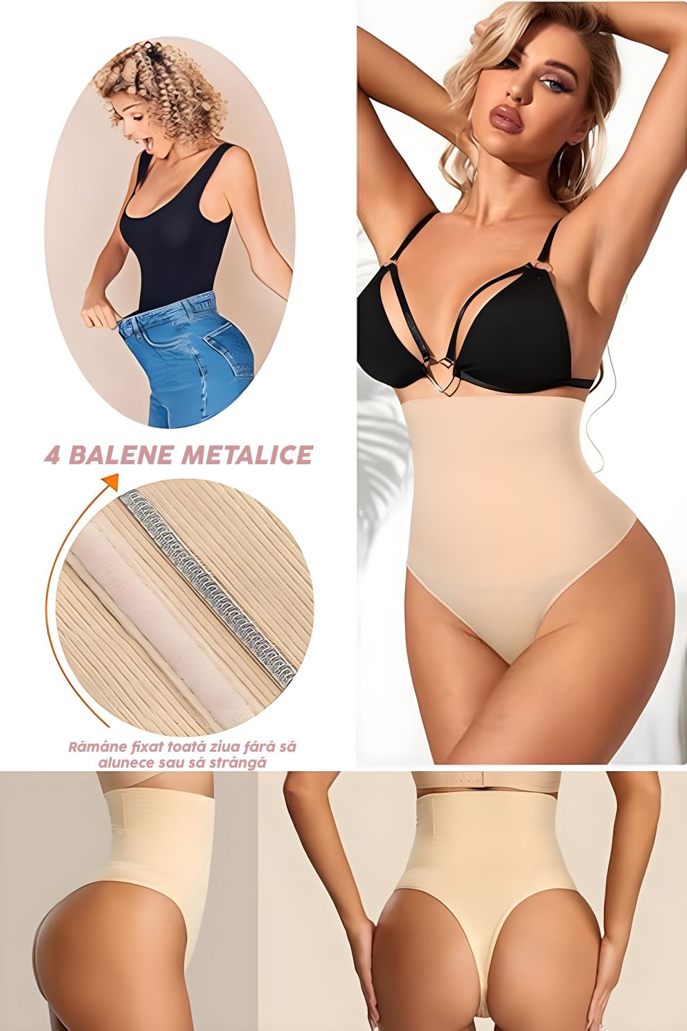 Chiloti modelatori tanga tip burtiera Chloe - Talie înaltă - Bej - Linovit Store