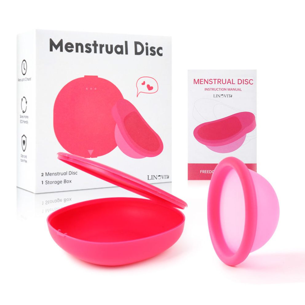 Set 2 Discuri Menstruale Reutilizabile + Cutie de Depozitare, Linovit®, Silicon de Uz Medical, Marime S, Roz/Negru