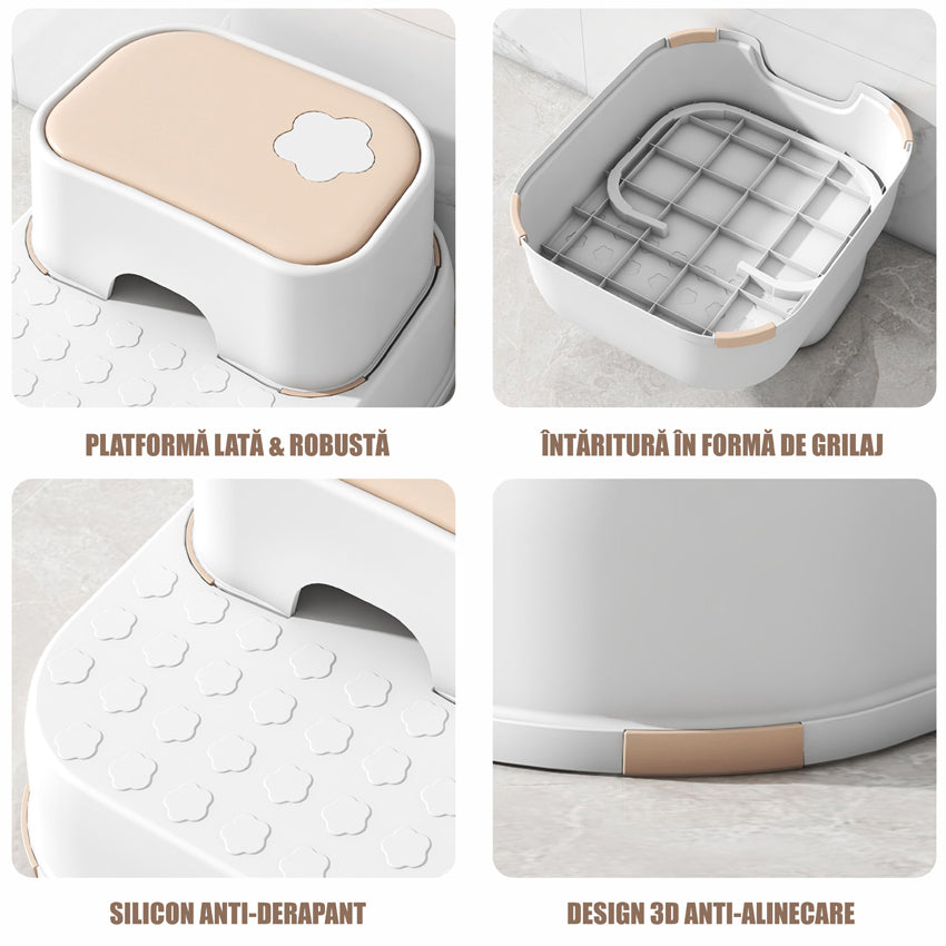 Scaunel Inaltator pentru Copii 2 in 1 cu Doua Trepte, Multifunctional, pentru WC, Baie si Bucatarie, Alb / Somon