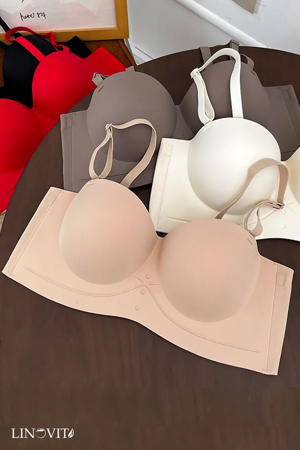Sutien fara armaturi si fara cusaturi, Linovit®, Push-up, Bretele detasabile, Sistem dublu de prindere, Ideal pentru rochii cu spatele gol, Bej