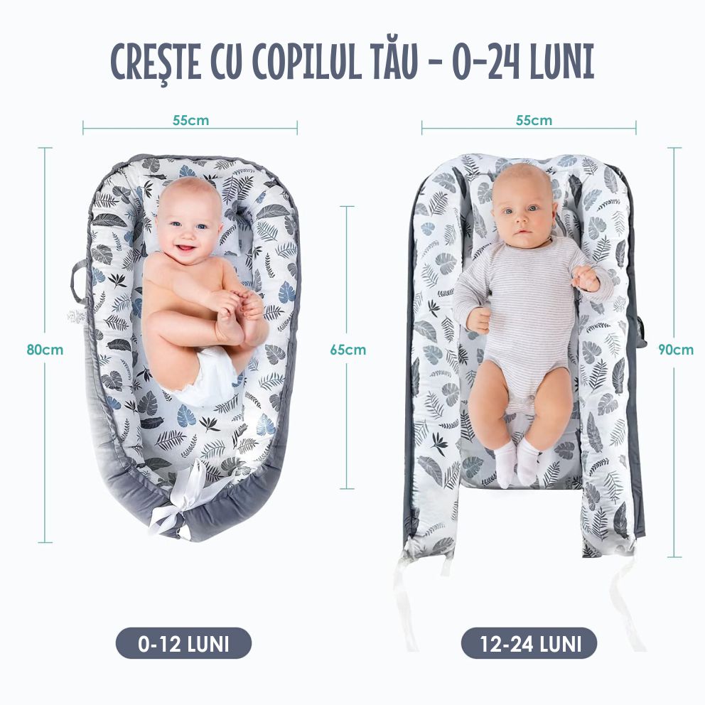 Cosulet Bebelusi pentru Dormit tip Baby Nest, cu Doua Fete, 0-24 Luni, 90x55cm, Husa Bumbac, Confort & Siguranta, Alb/Gri