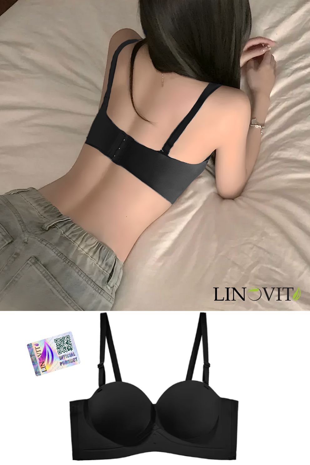 Sutien fara armaturi si fara cusaturi, Linovit®, Push-up, Bretele detasabile, Sistem dublu de prindere, Ideal pentru rochii cu spatele gol, Negru