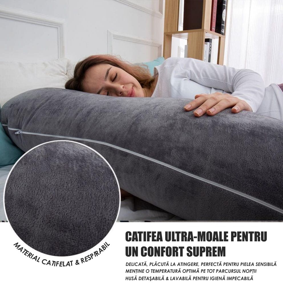 Perna Gravide si Alaptare 3 in 1, Multifunctionala, Forma de L, Sustinere pentru Burta, Spate, Solduri, Picioare, Bebelus, Relaxare, Husa detasabila, Negru