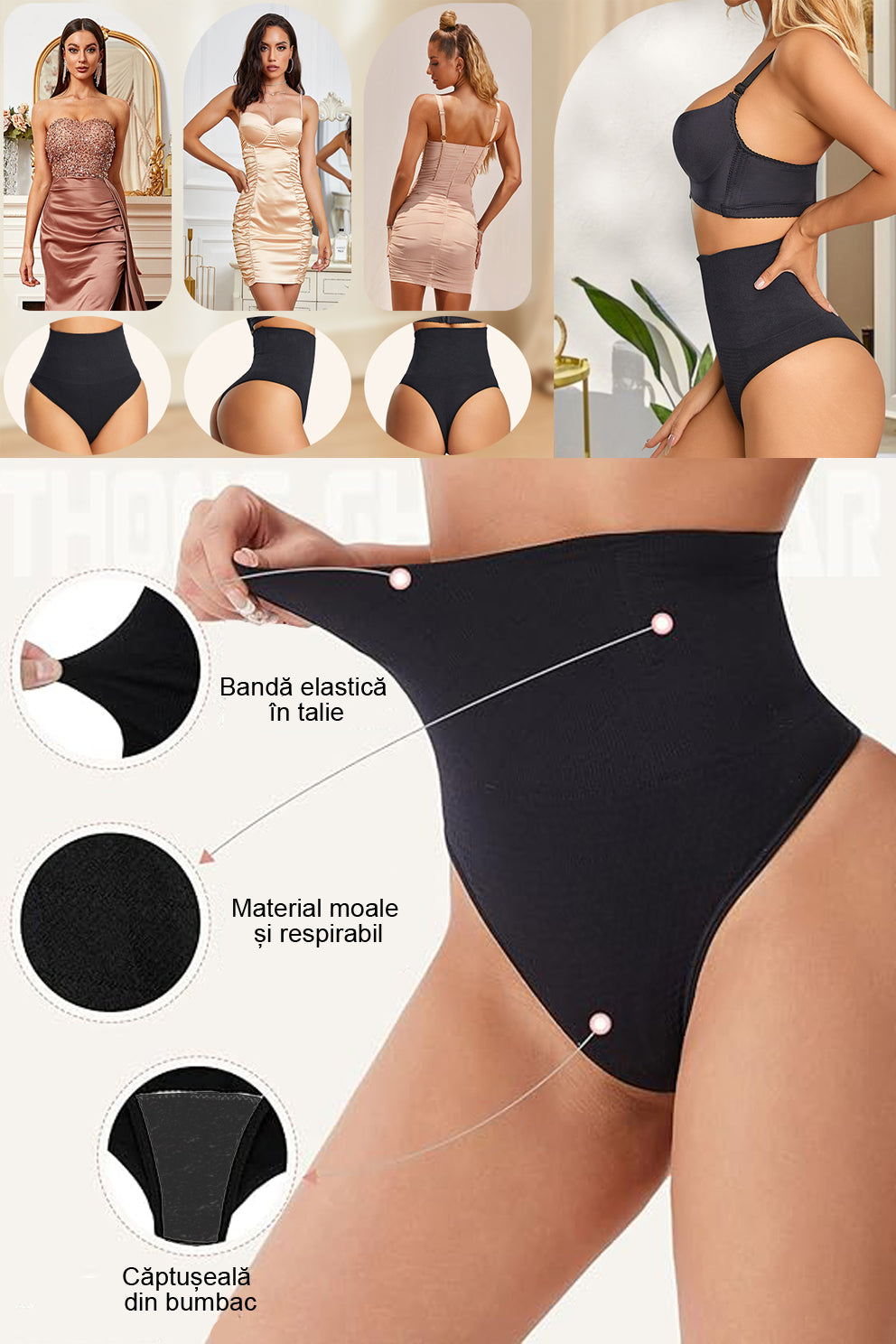 Chiloti modelatori tanga tip burtiera Selena - Talie medie - Negru - Linovit Store