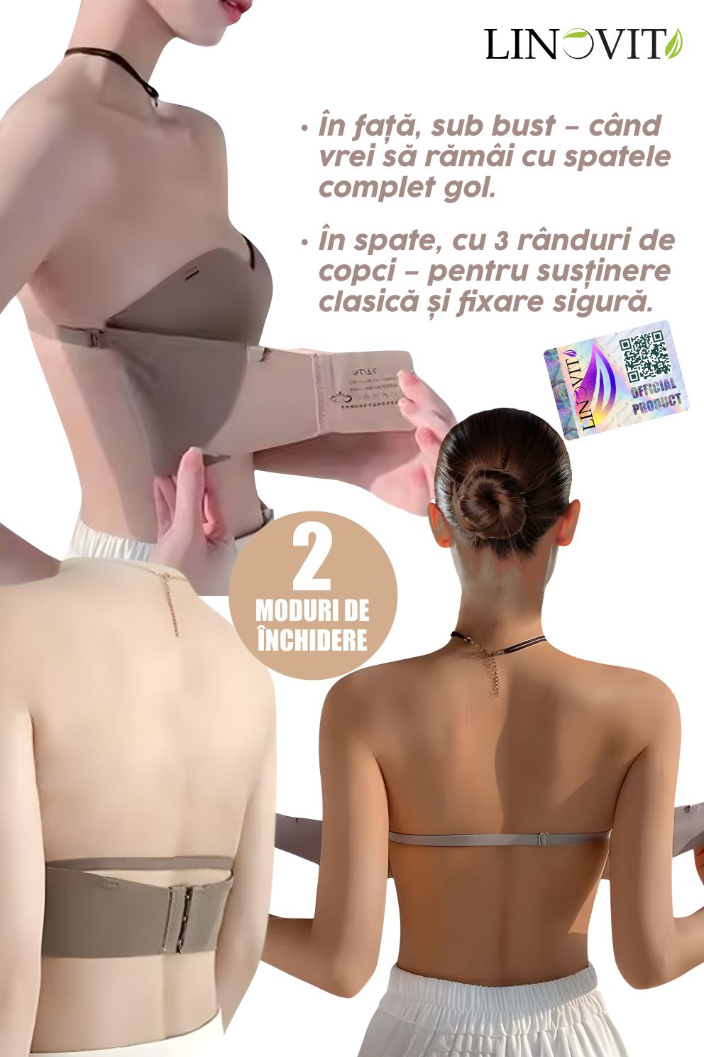 Sutien fara armaturi si fara cusaturi, Linovit®, Push-up, Bretele detasabile, Sistem dublu de prindere, Ideal pentru rochii cu spatele gol, Alb