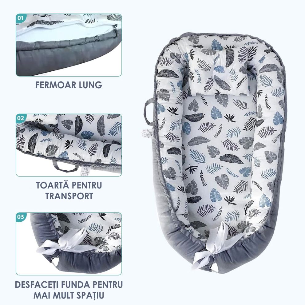 Cosulet Bebelusi pentru Dormit tip Baby Nest, cu Doua Fete, 0-24 Luni, 90x55cm, Husa Bumbac, Confort & Siguranta, Alb/Gri
